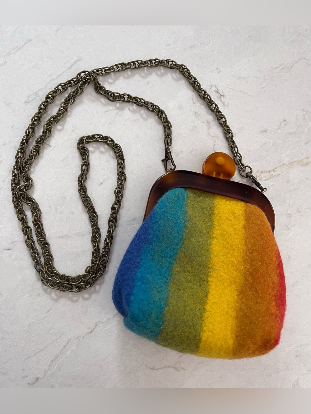 Handmade KUN. Rainbow Striped Felt Wool Crossbody Kisslock Frame Bag - CUTE!!